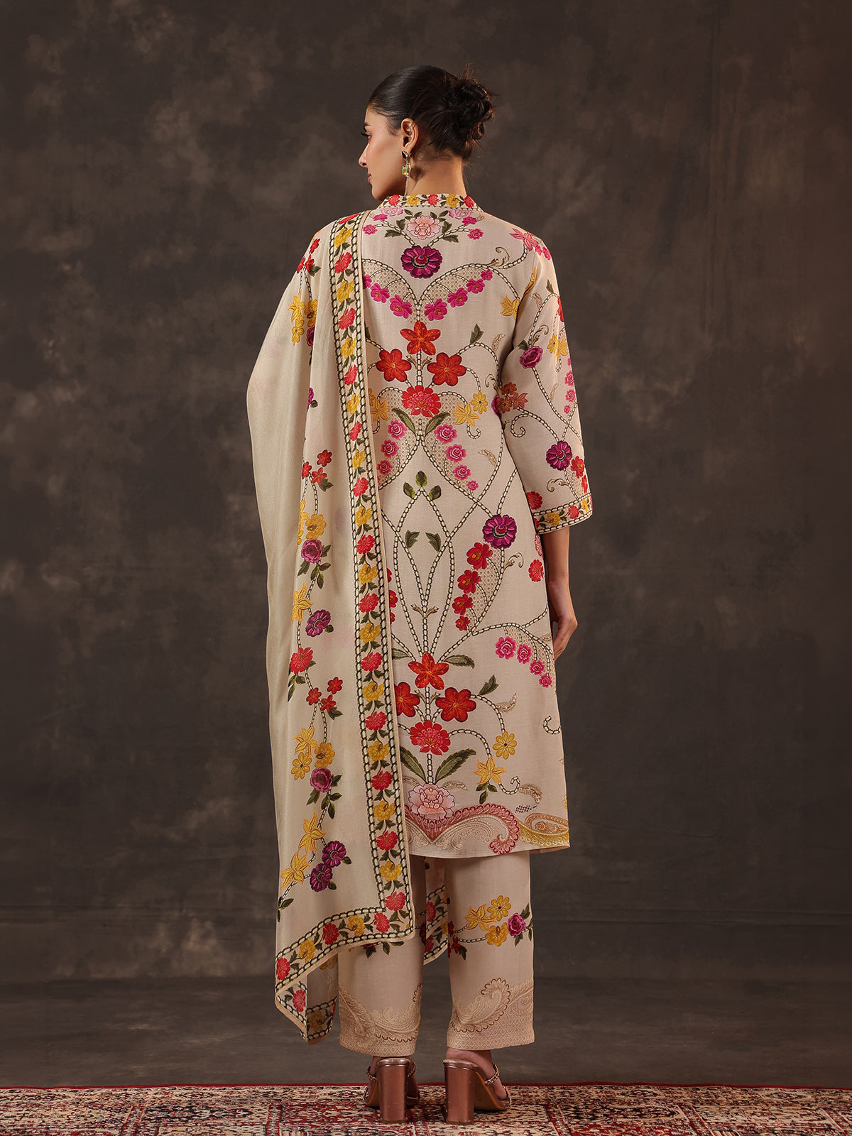 Beige russian silk floral printed kurti set with dupatta