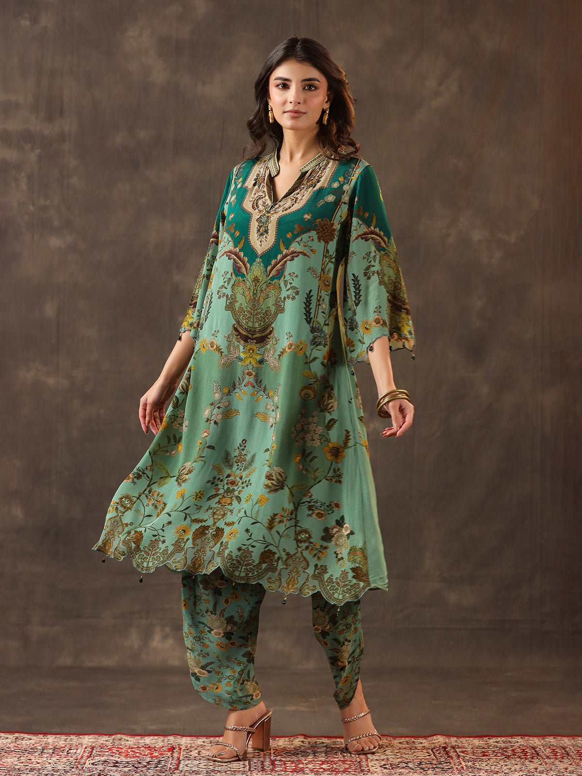 Green viscose crepe printed kurti dhoti traditional festive set