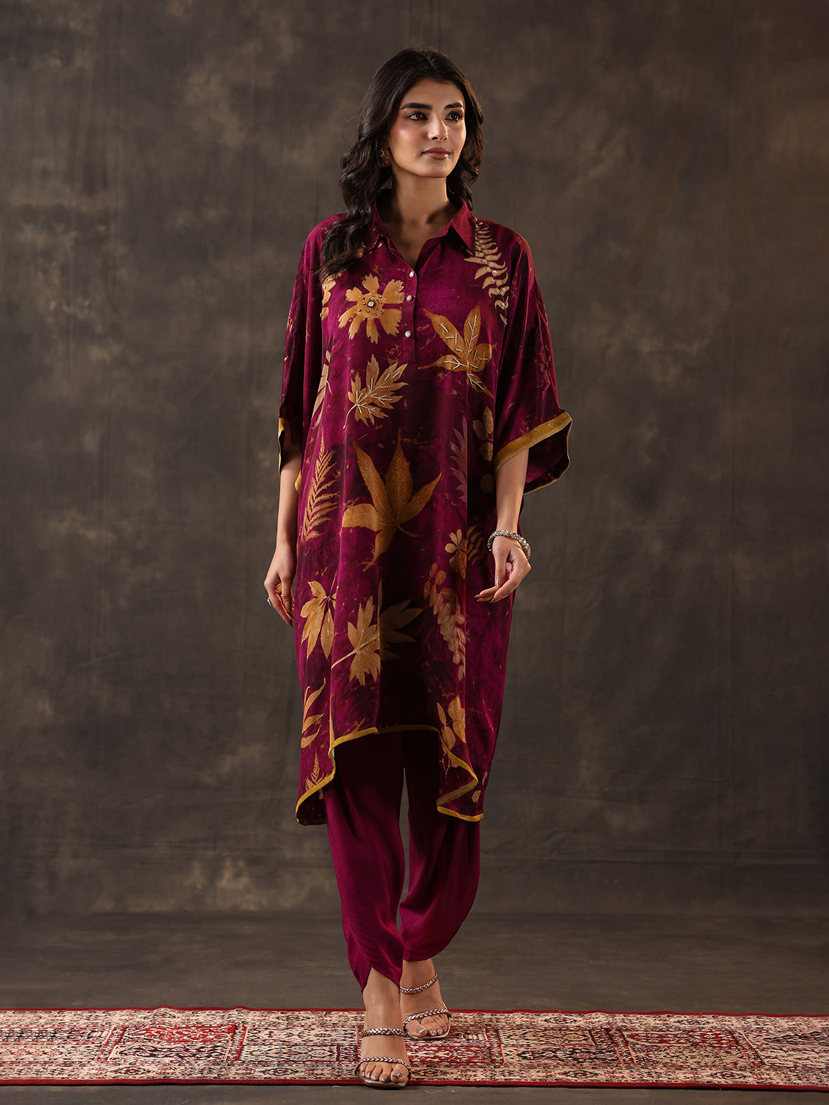 Wine viscose crepe printed kurti dhoti festive set