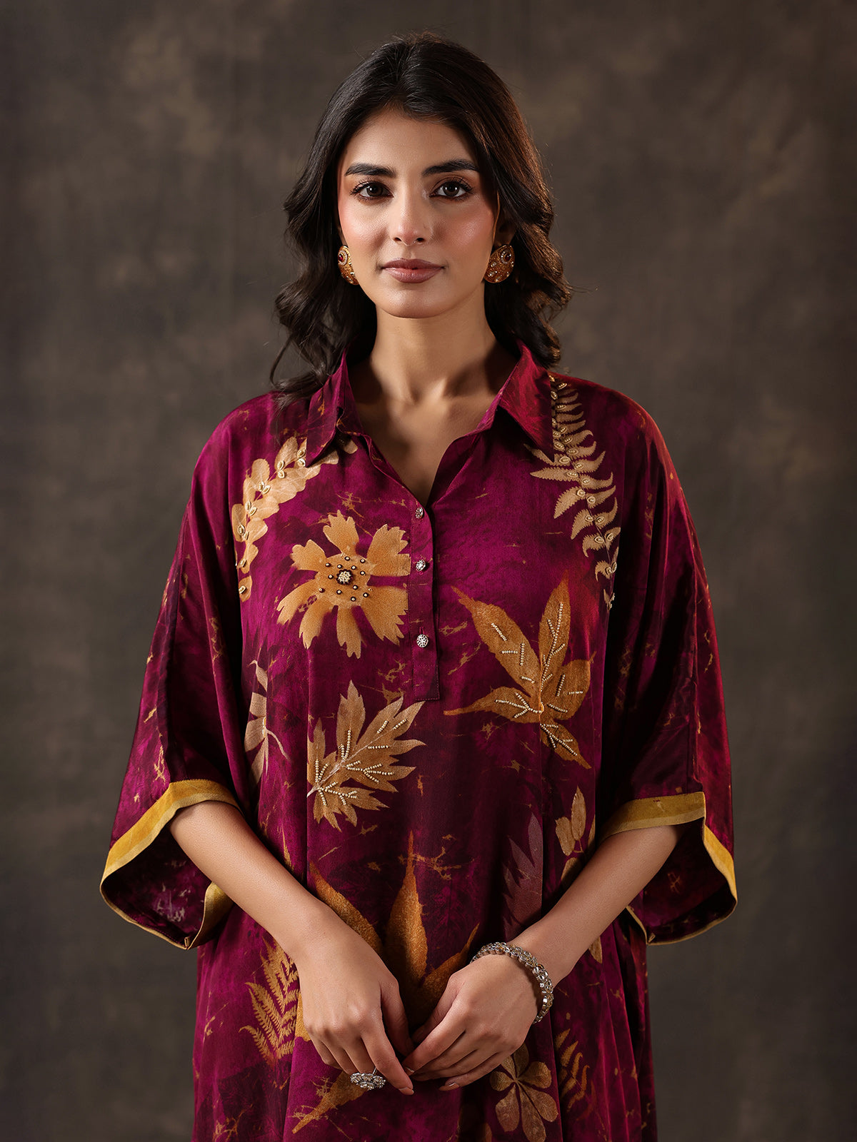 Wine viscose crepe printed kurti dhoti festive set