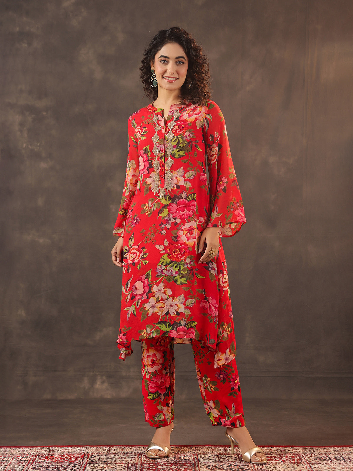 Red viscose georgette floral printed kurti set