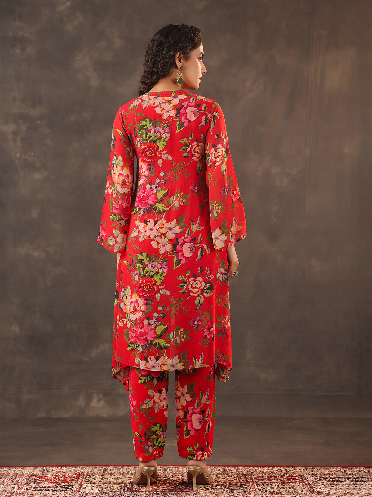 Red viscose georgette floral printed kurti set