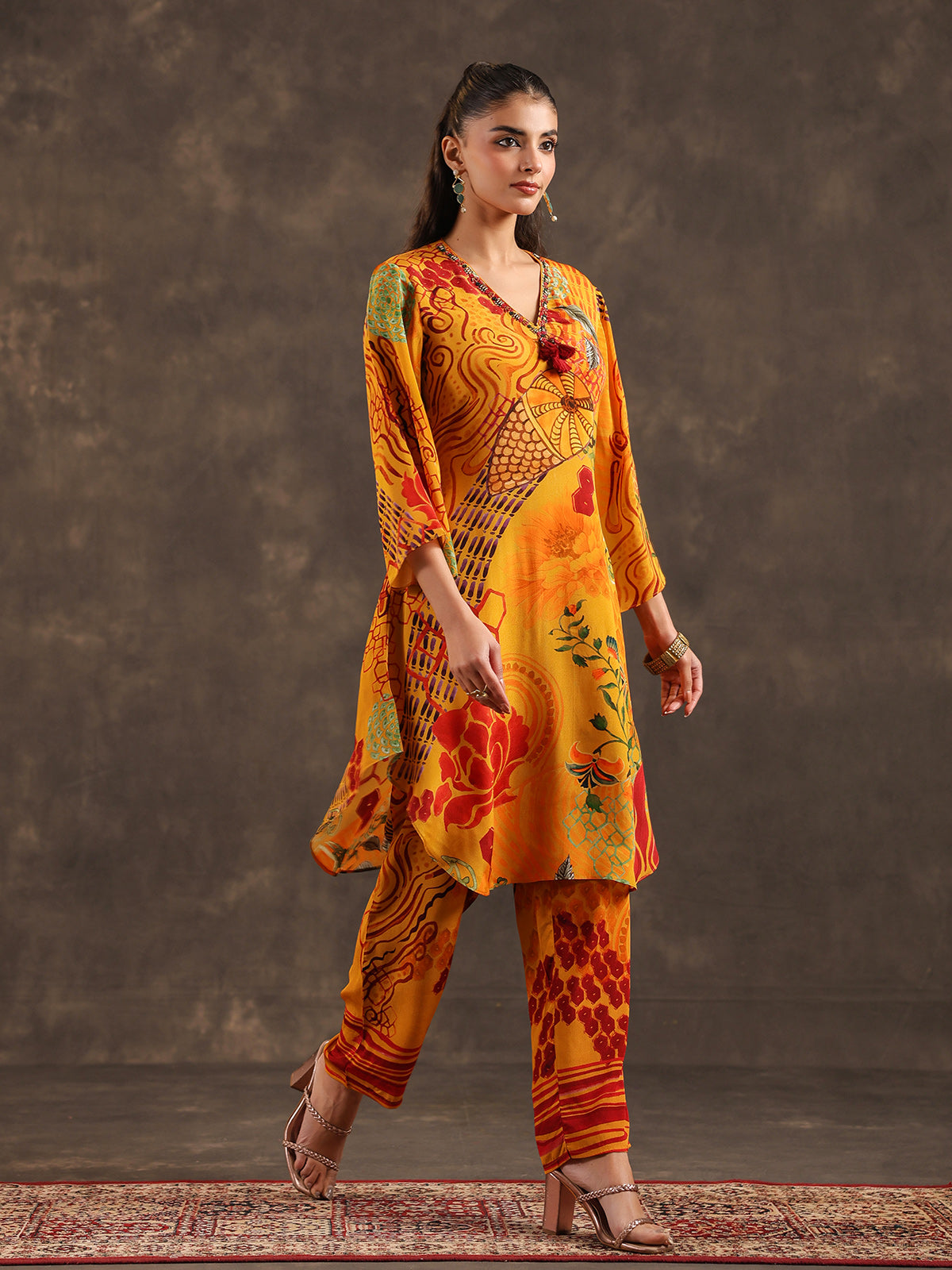 Mustard yellow viscose crepe printed kurti set for women