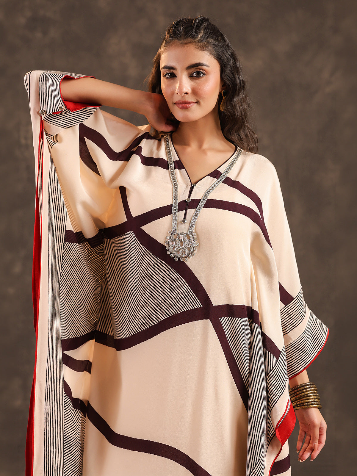 Cream viscose crepe abstract printed kurti festive set