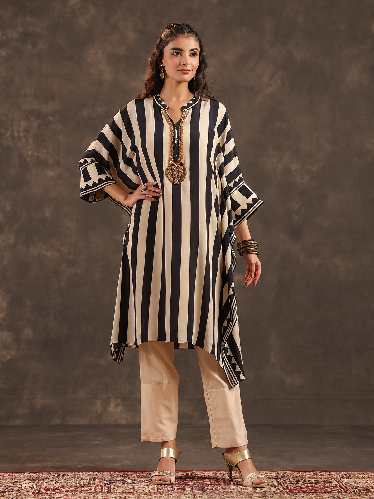 Beige black viscose crepe striped kaftan style kurti set – G3+Fashion