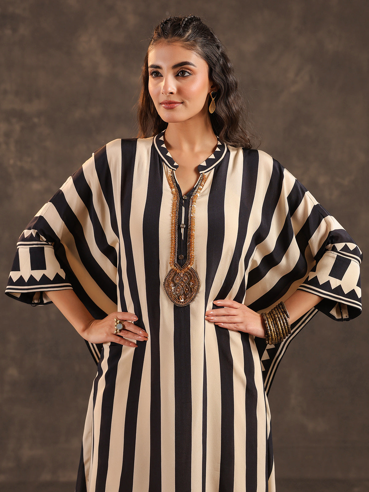 Beige black viscose crepe striped kaftan style kurti set