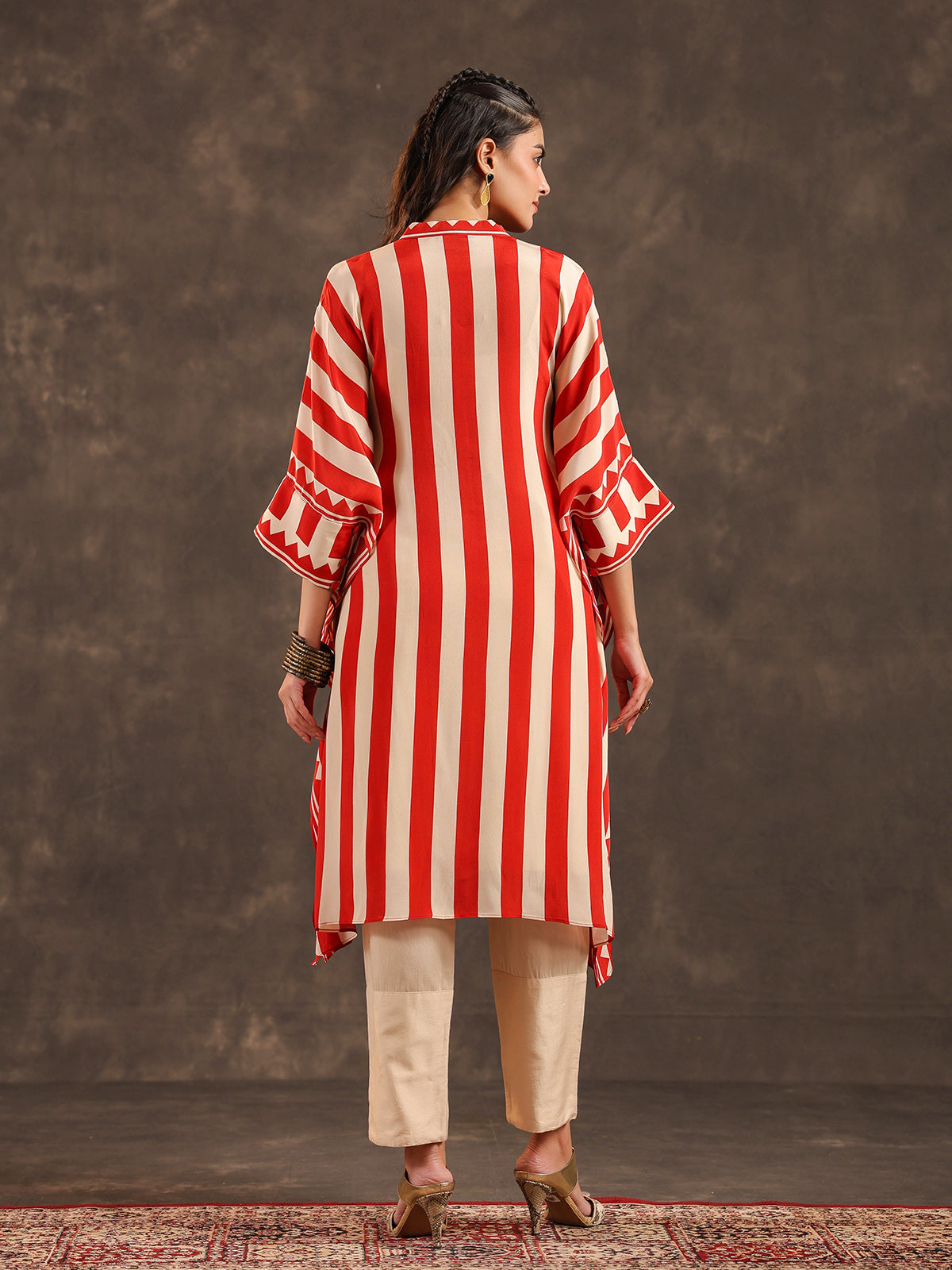 Beige red viscose crepe striped kaftan style kurti set
