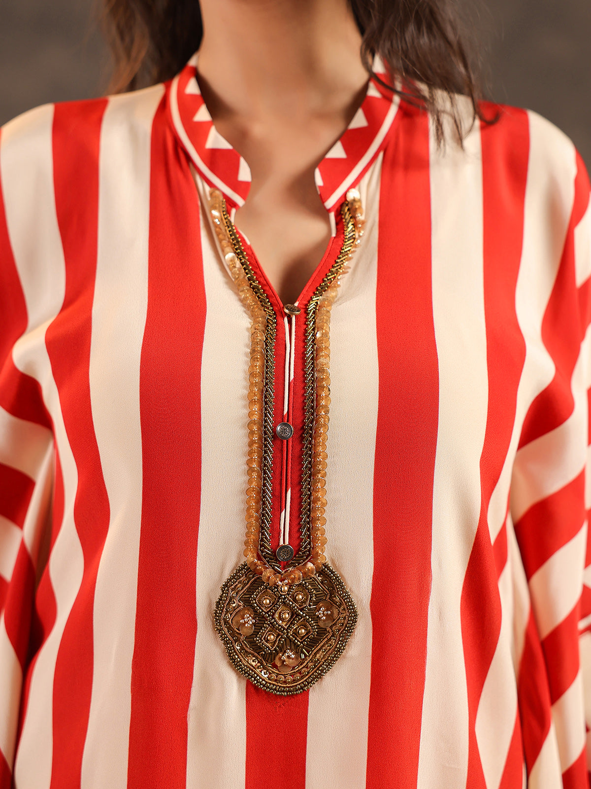 Beige red viscose crepe striped kaftan style kurti set