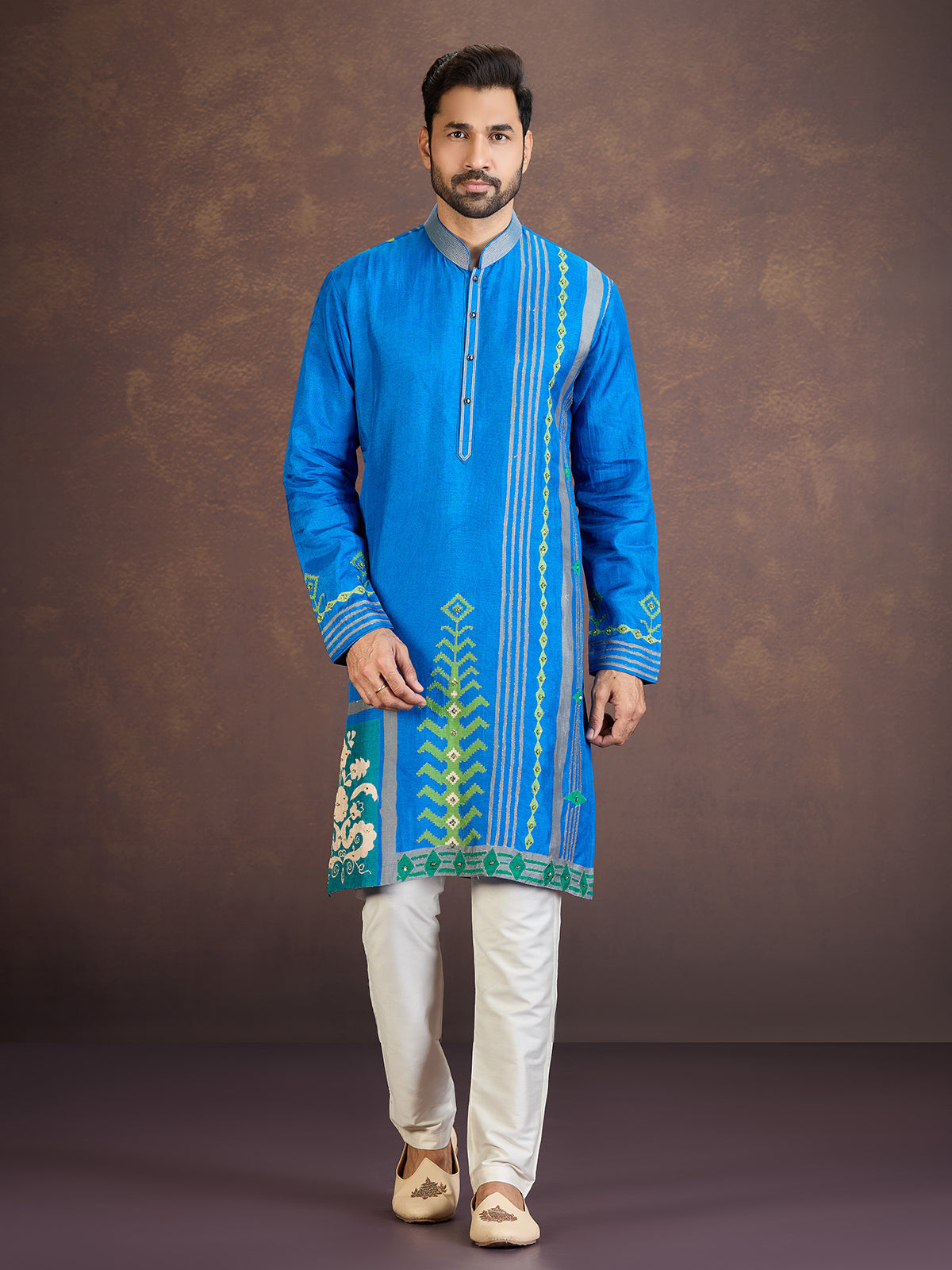 Blue cotton silk printed kurta suit with resham work