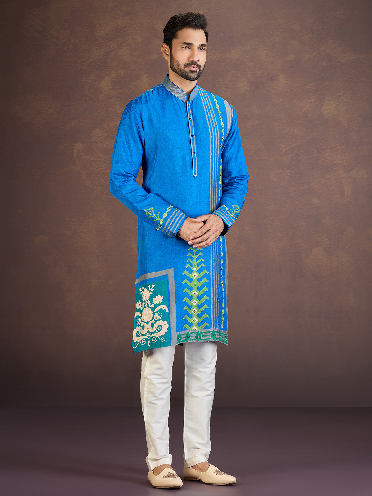 Blue cotton silk printed kurta suit with resham work