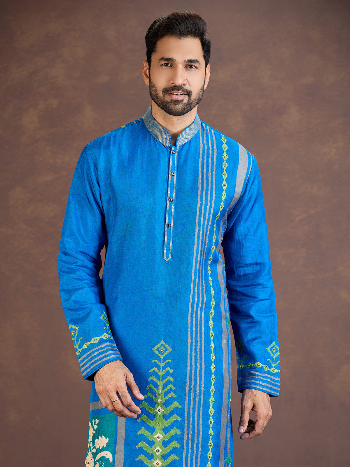 Blue cotton silk printed kurta suit with resham work