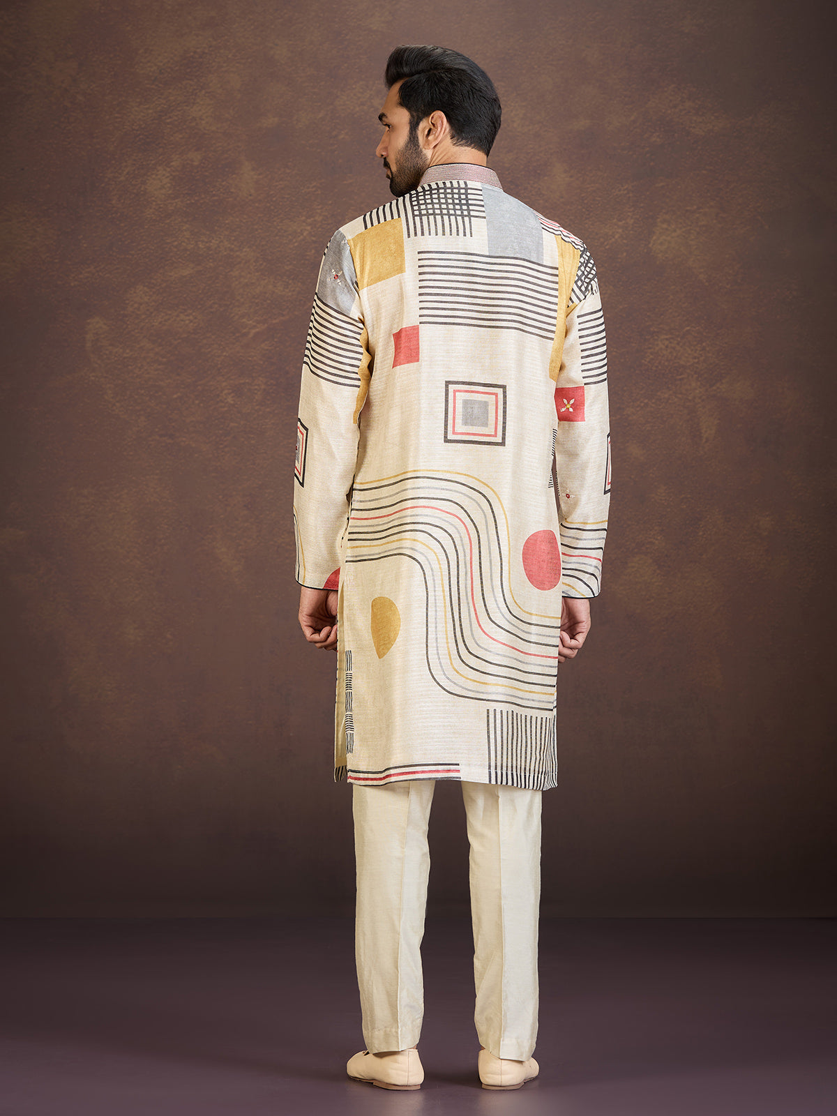 Beige geometric printed cotton linen festive kurta pyjama