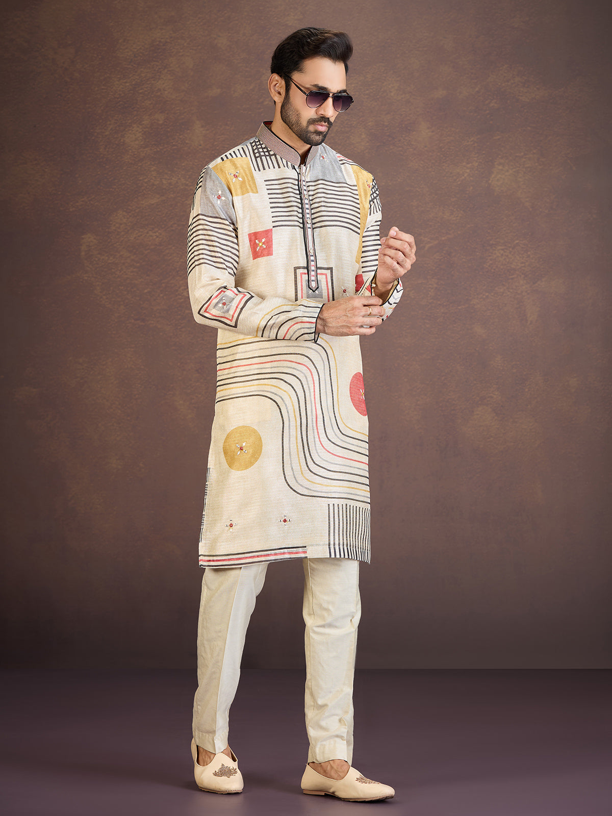 Beige geometric printed cotton linen festive kurta pyjama