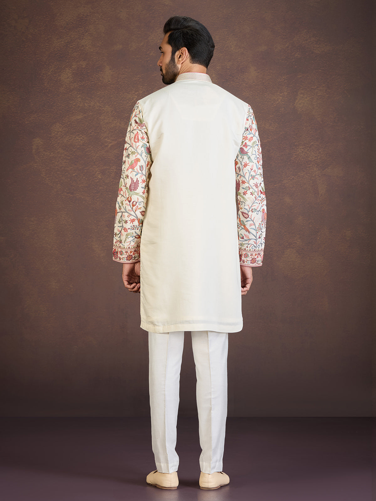 Cream silk embroidered floral bird motif kurta pyjama