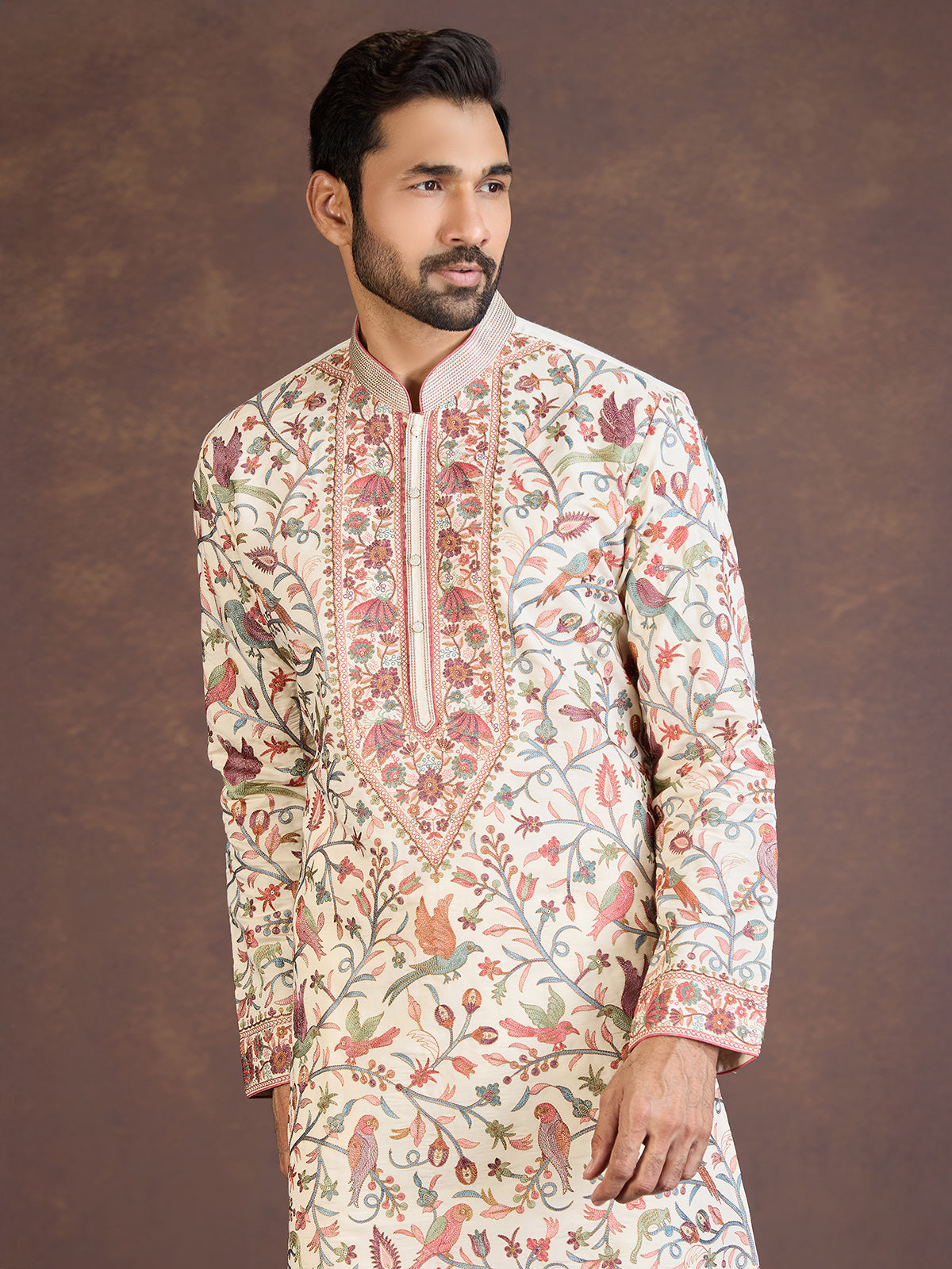 Cream silk embroidered floral bird motif kurta pyjama
