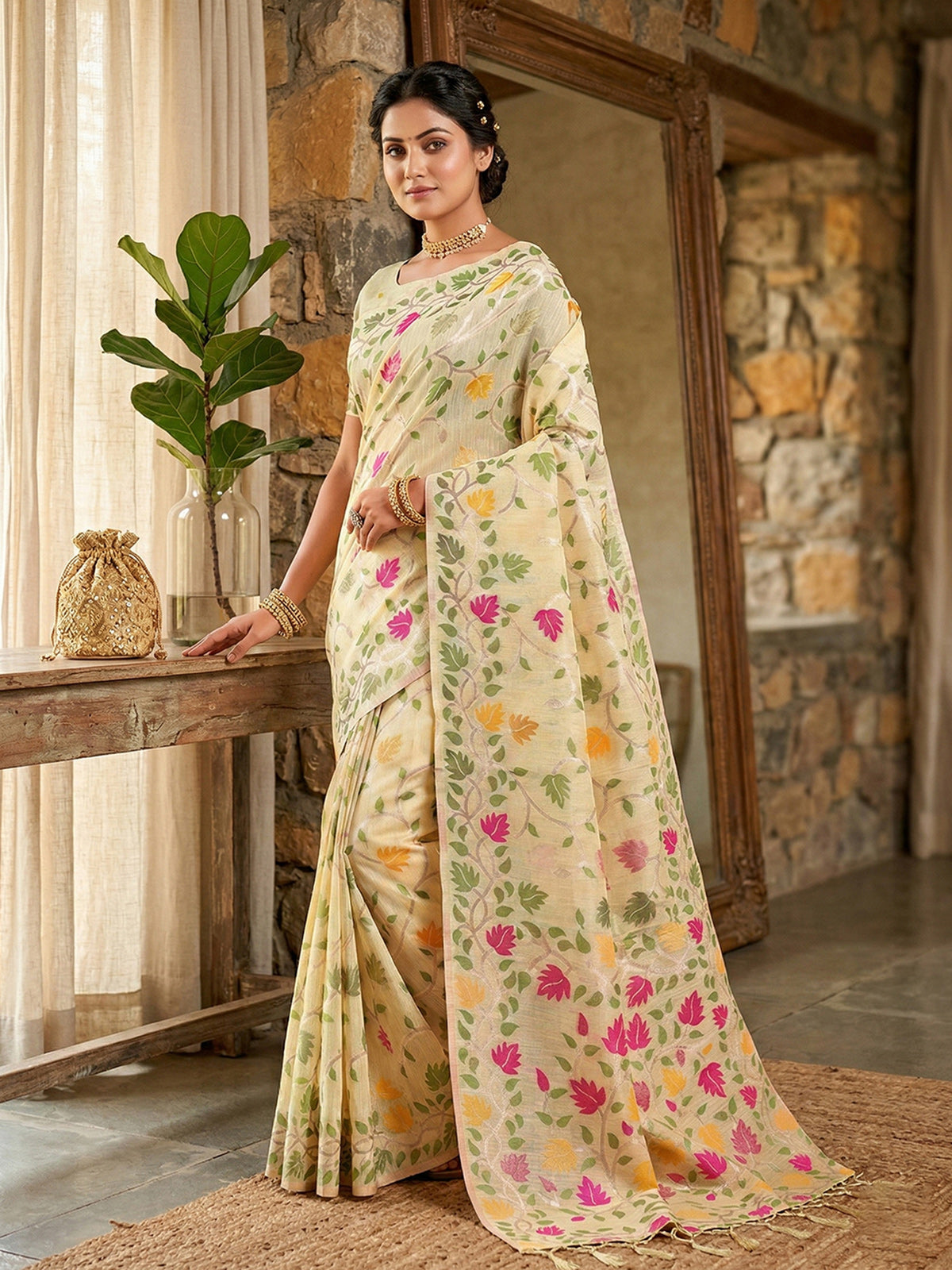 Cream linen cotton saree with colorful motifs