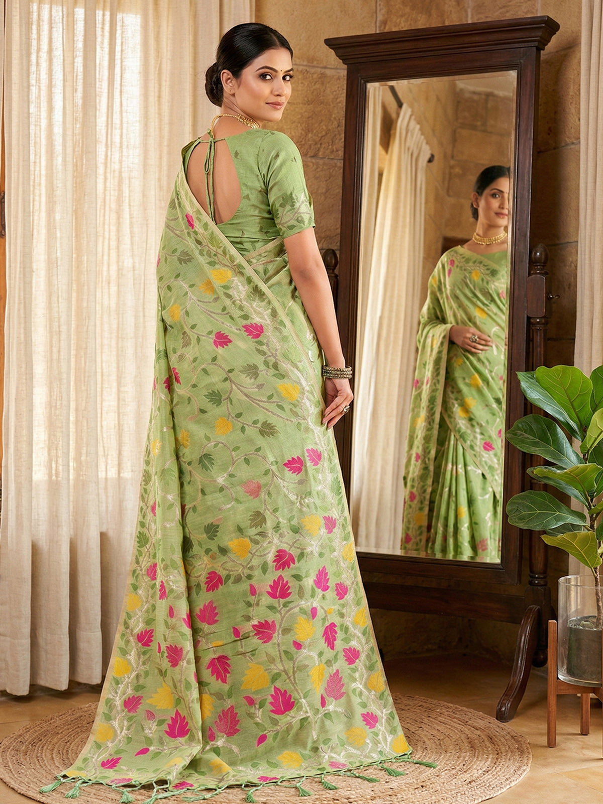 Pista green festive wear saree in cotton linen