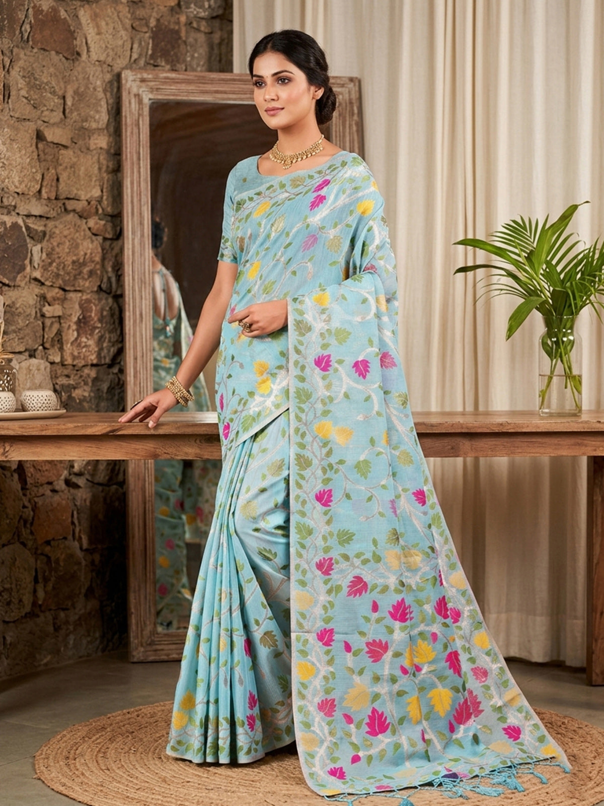 Blue cotton linen saree for festive wear