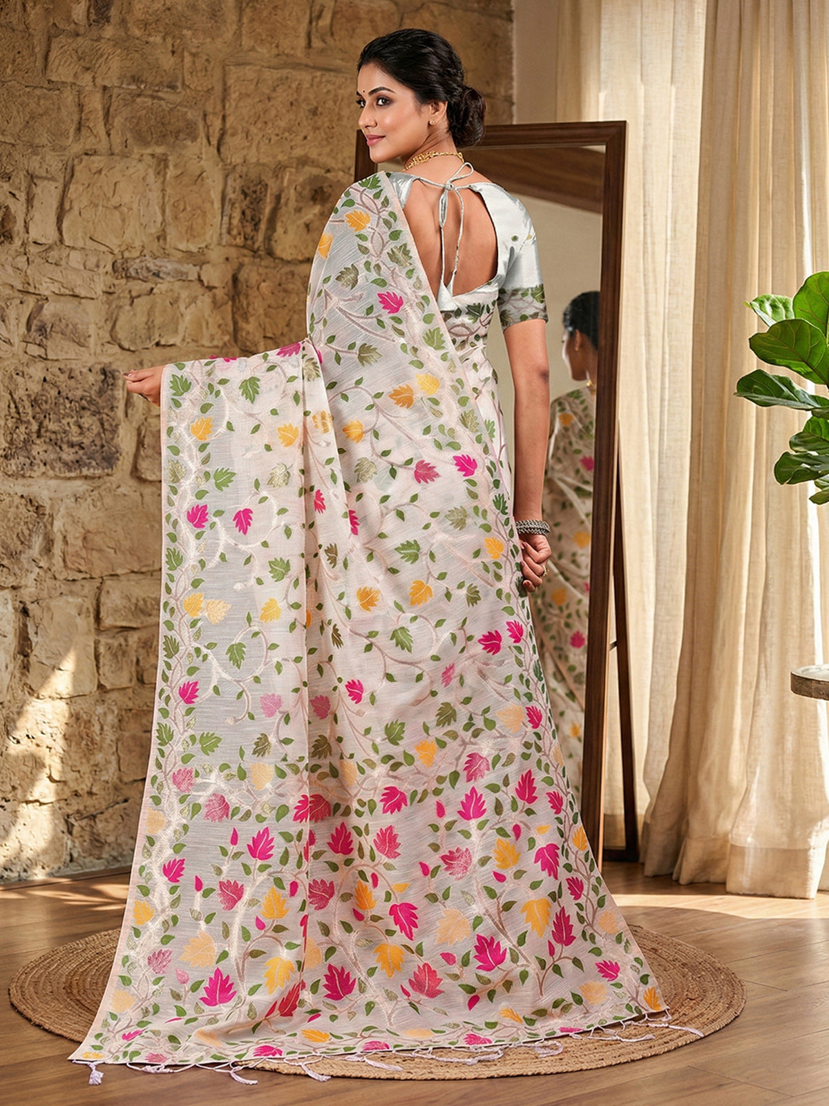 White cotton linen saree with bold motifs
