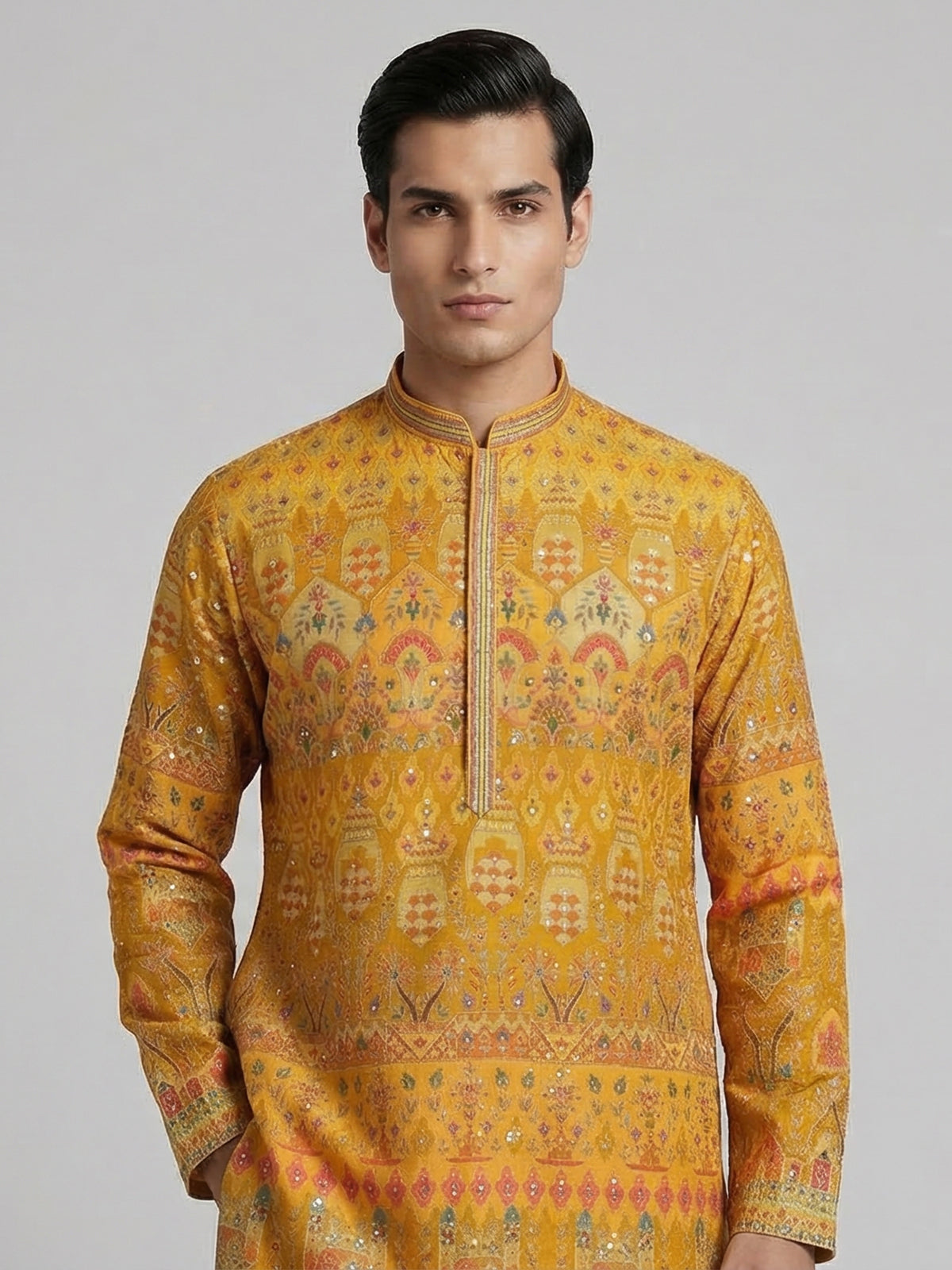 Yellow cotton silk printed festive kurta suit