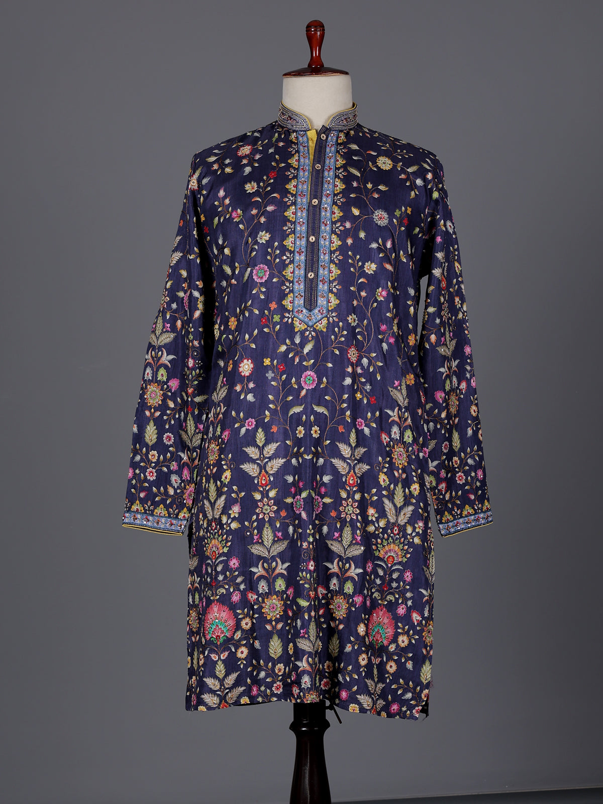 Navy blue silk floral printed festive kurta suit