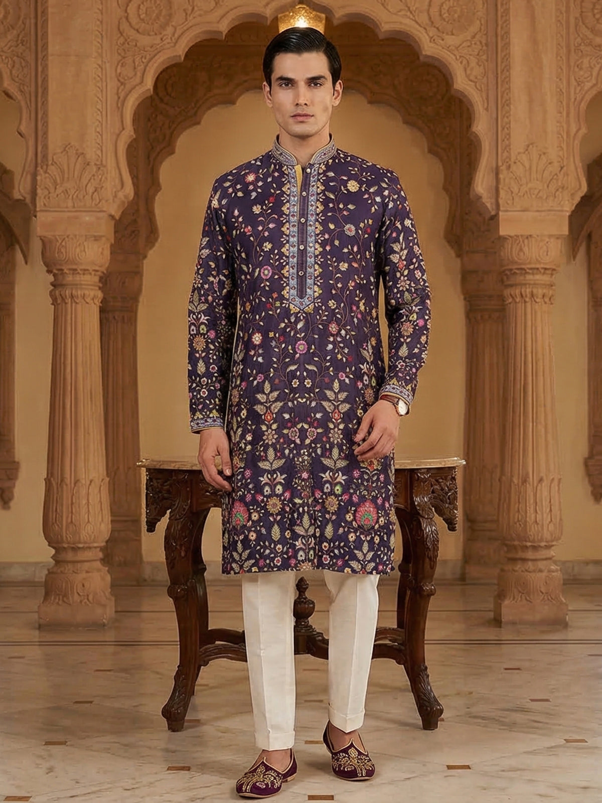 Navy blue silk floral printed festive kurta suit