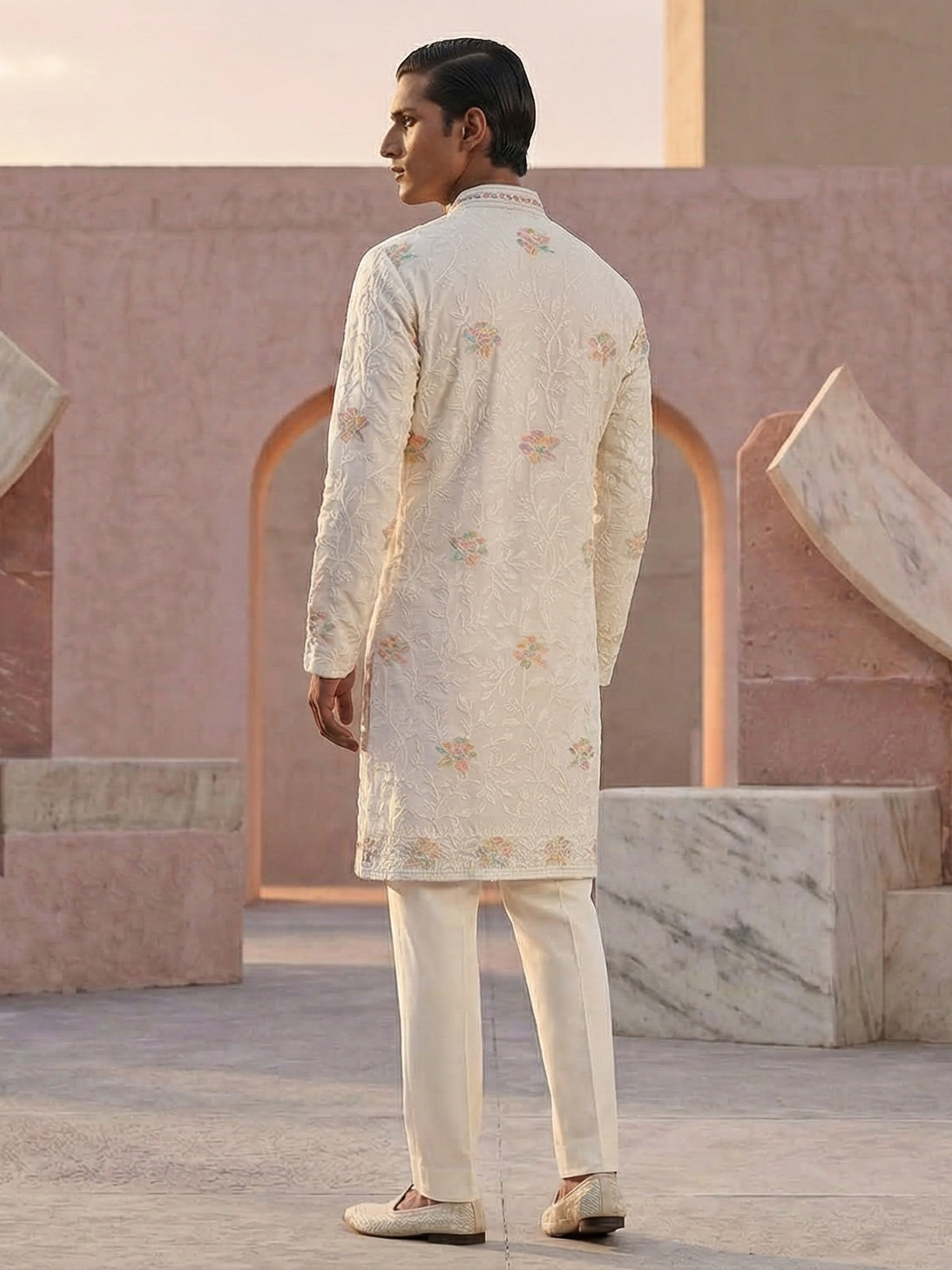 White georgette thread embroidered festive kurta suit