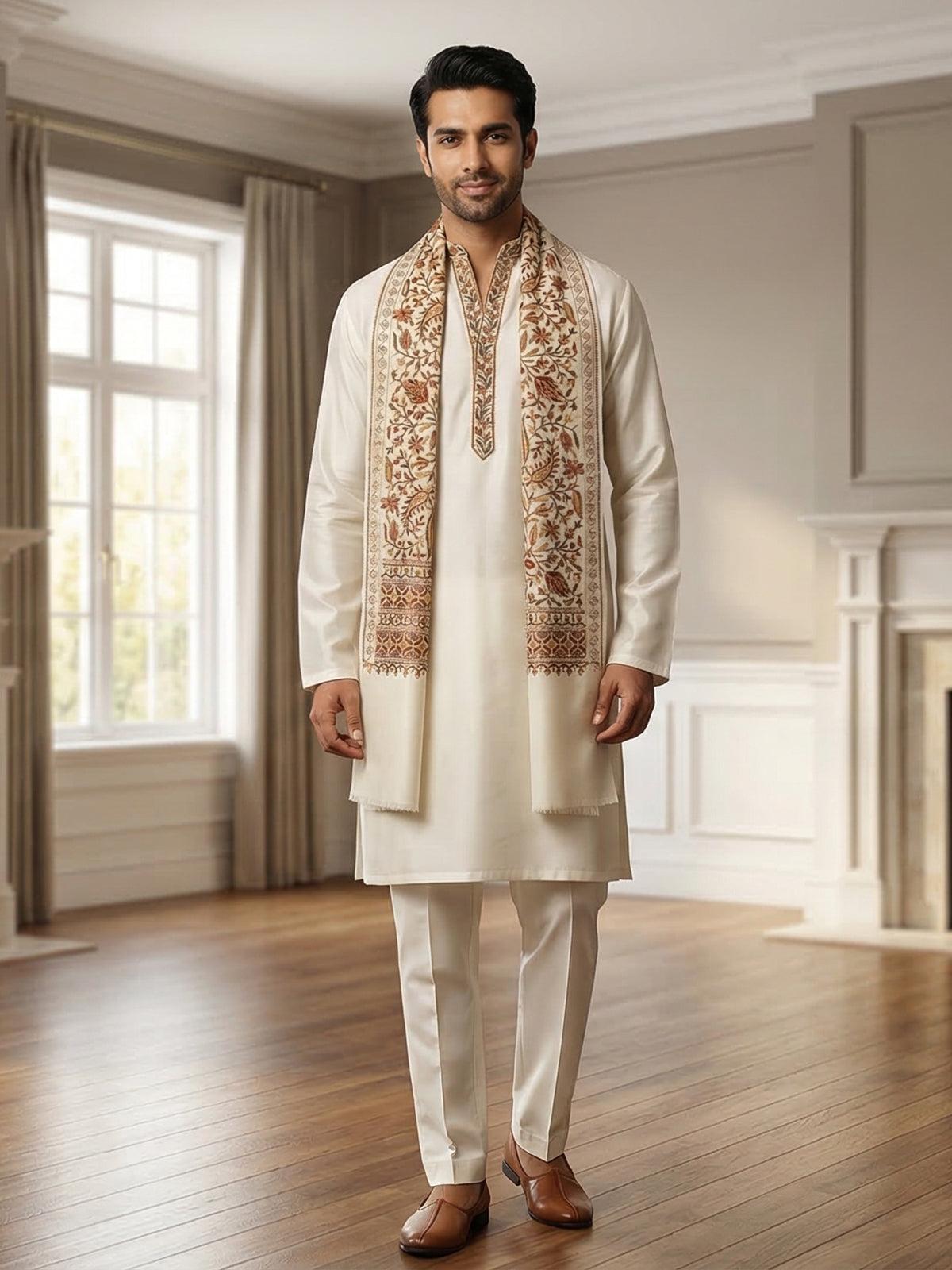 White cotton silk festive kurta suit with dupatta
