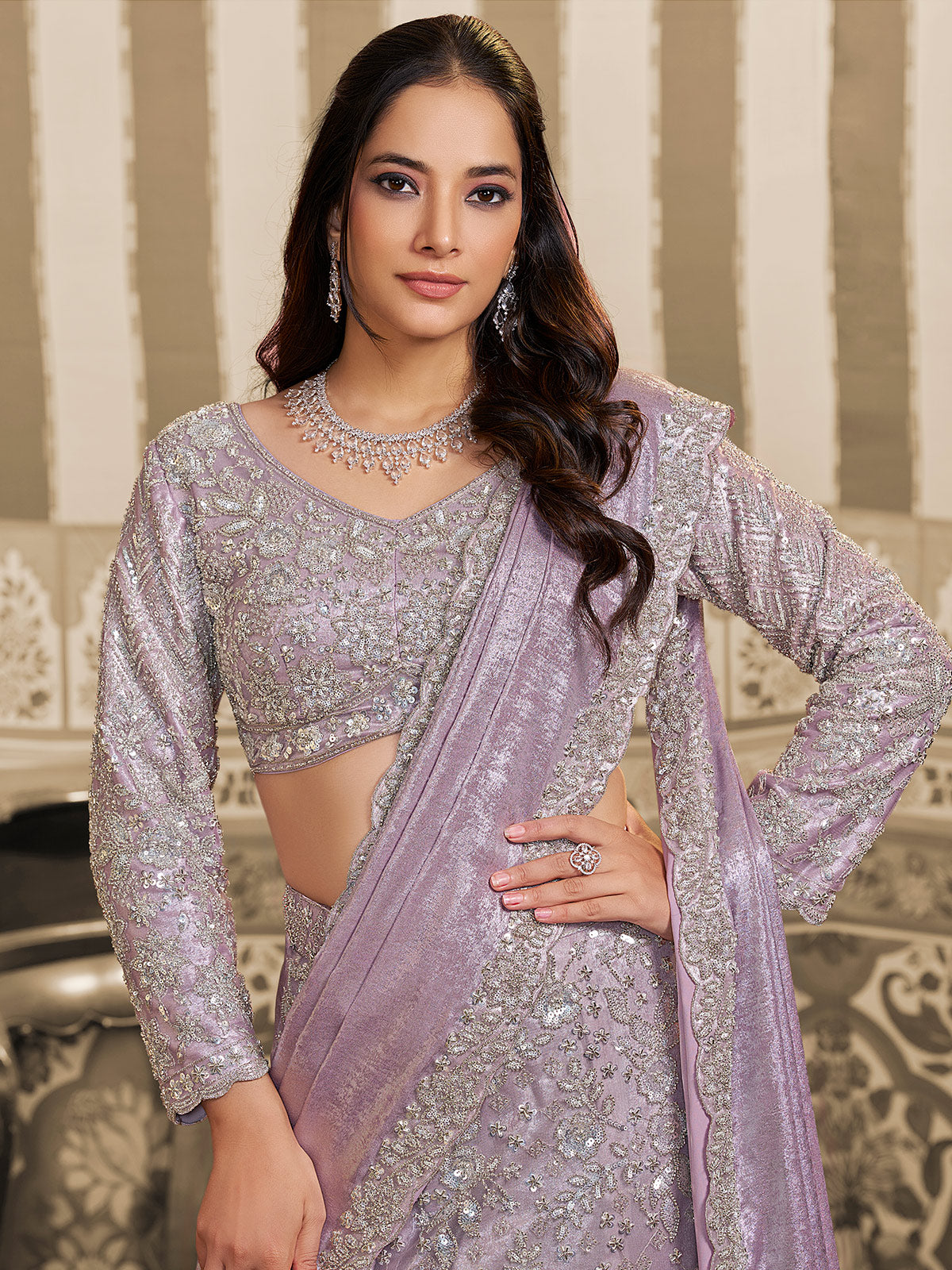Lavender foil satin lehenga saree for party wear