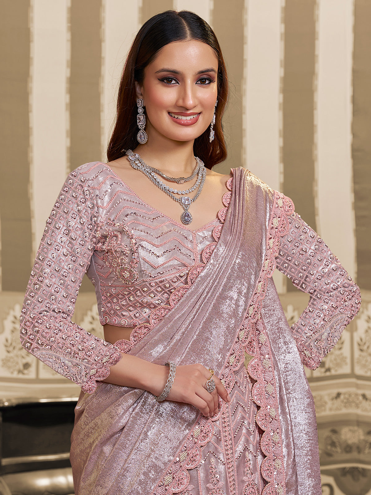Light peach foil satin lehenga saree