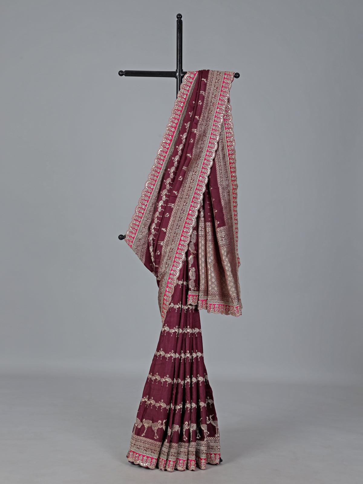Rich wine dola silk intricate zardosi festive saree