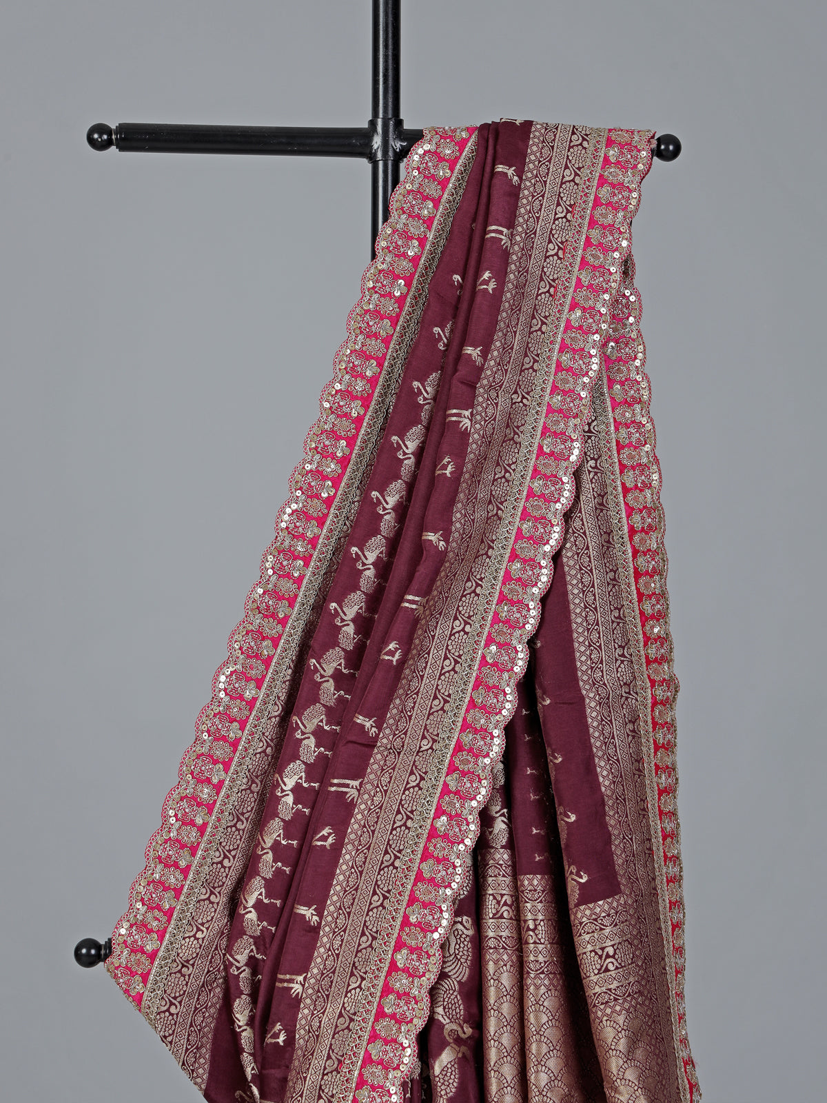 Rich wine dola silk intricate zardosi festive saree