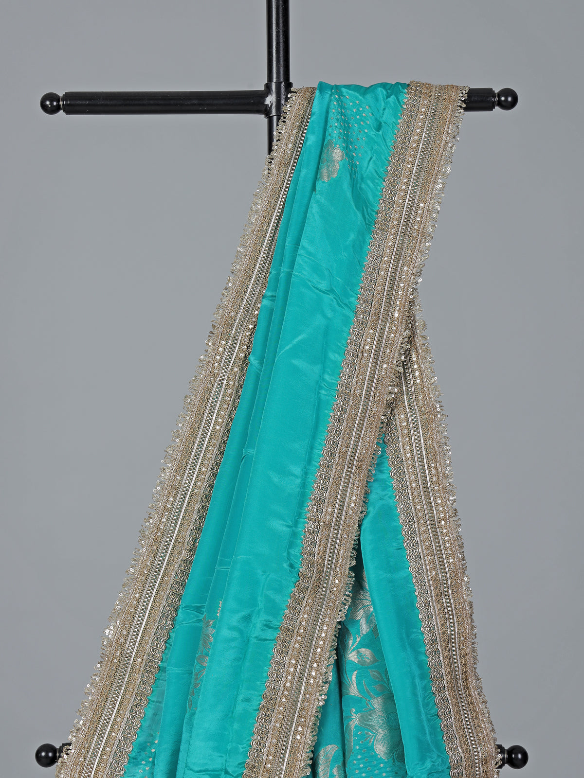 Aqua dola silk shimmering zardosi festive saree elegance