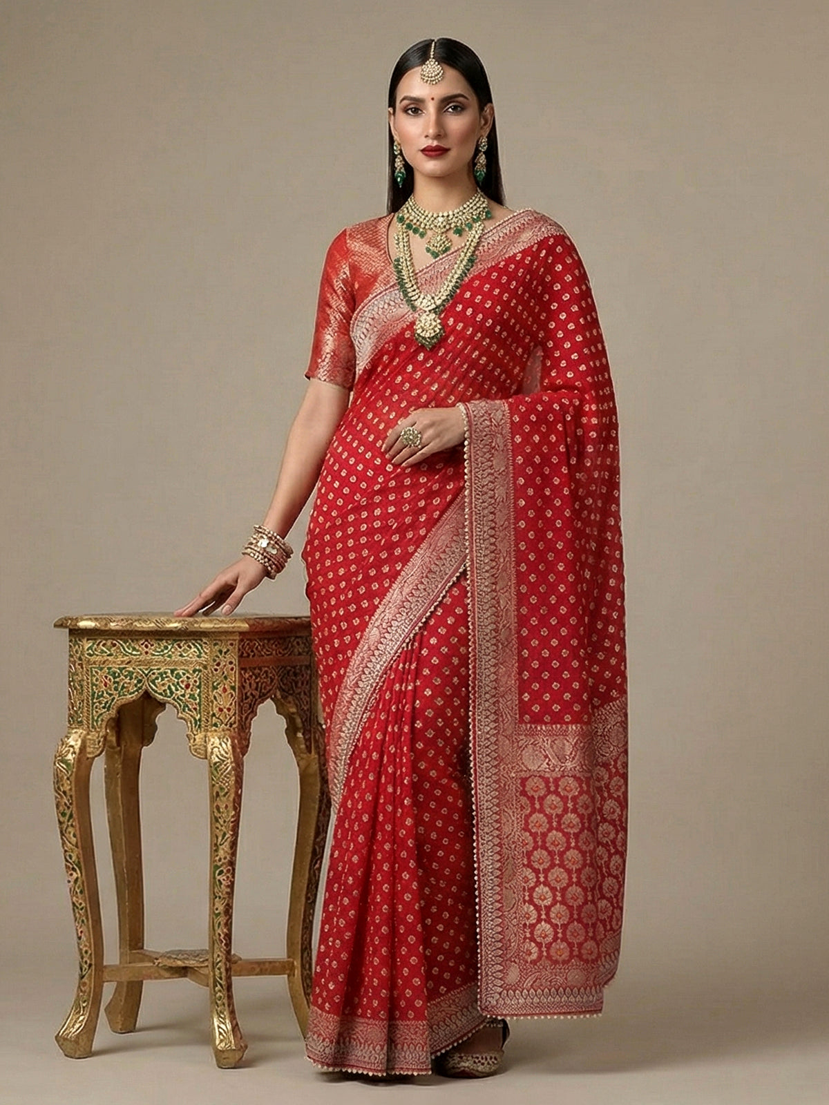 Red georgette butti work festive wear saree charm