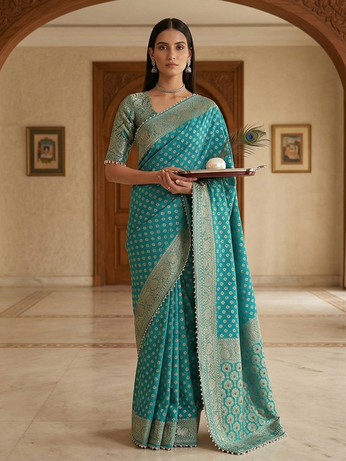 Aqua blue georgette butti work festive saree grace