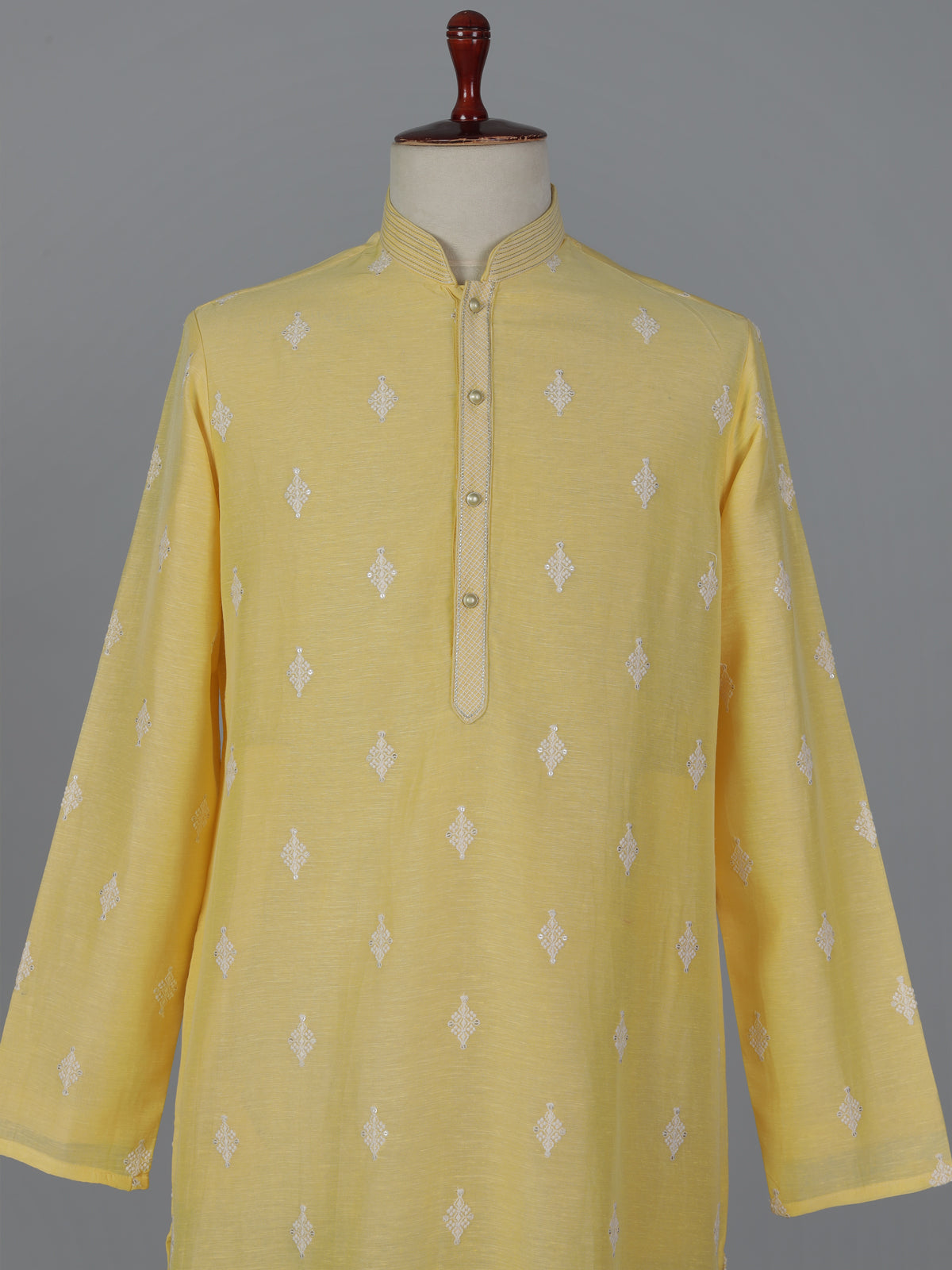 Yellow cotton linen embroidered festive kurta set