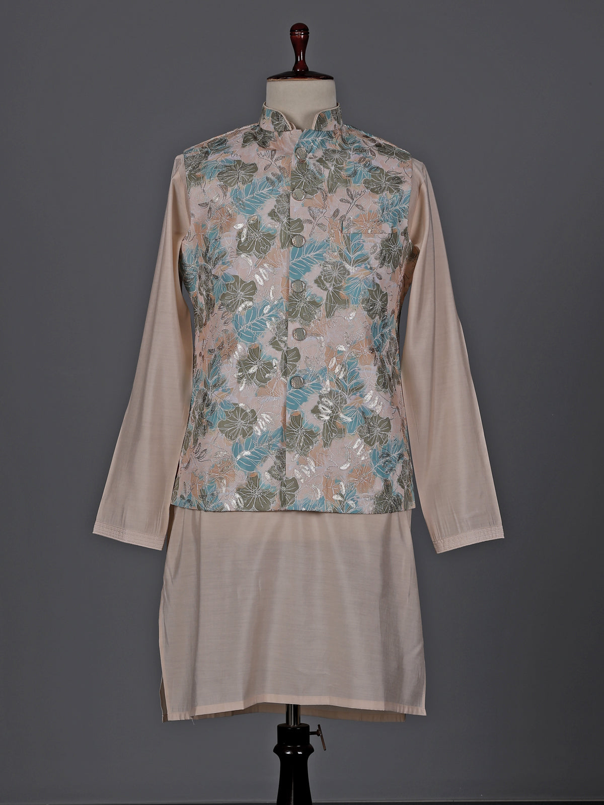 Peach silk embellished festive waistcoat set