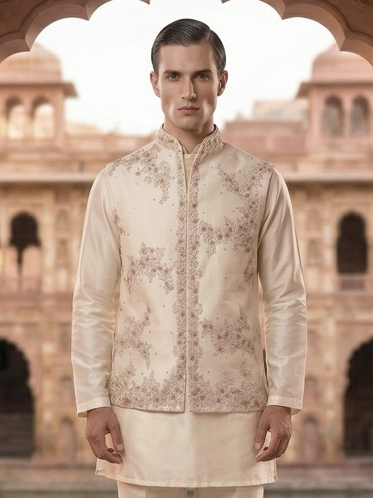 Cream silk embroidered designer waistcoat set