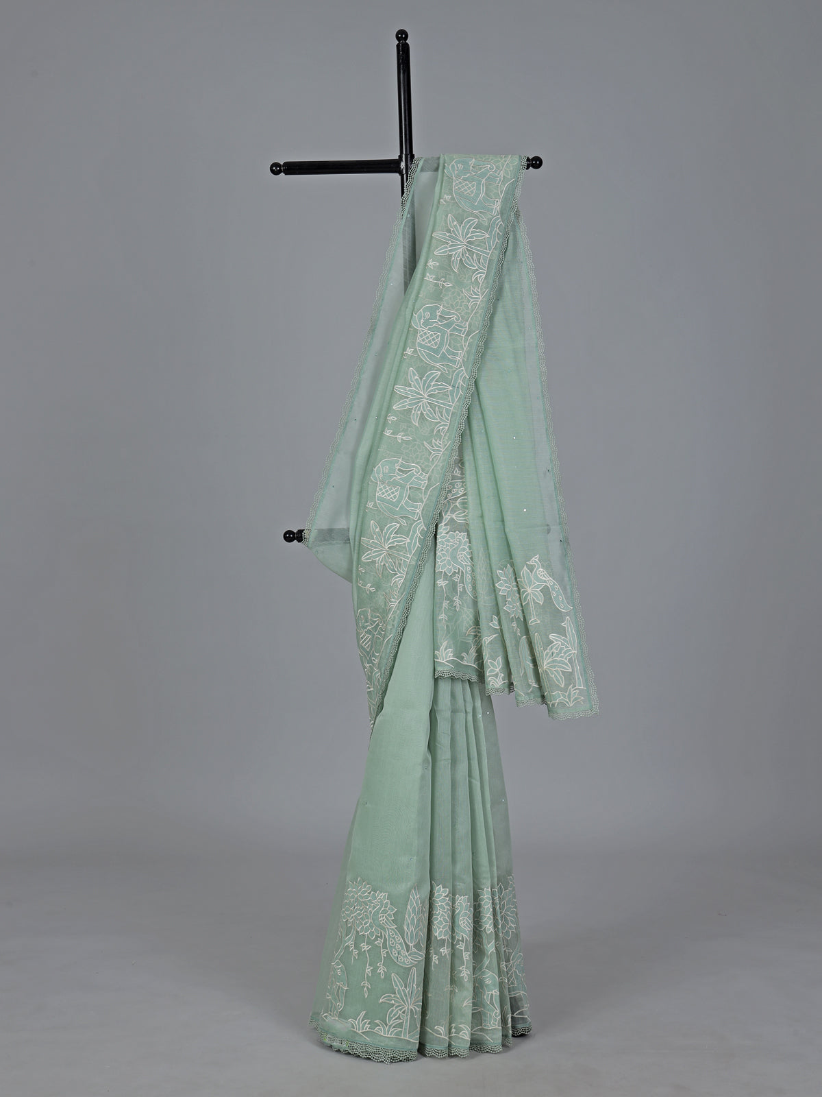 Mint green semi organza mirror work festive saree