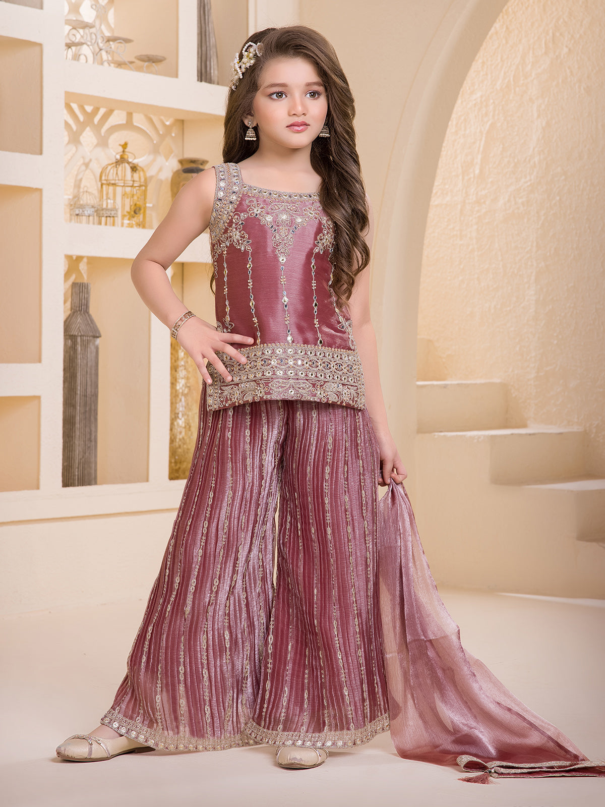 Light brown resham worked silk palazzo suit for girls