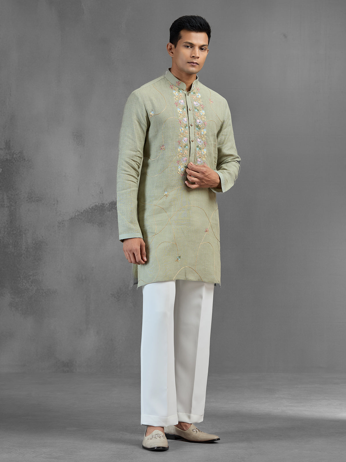 Pista green linen mirror embellished festive kurta pajama