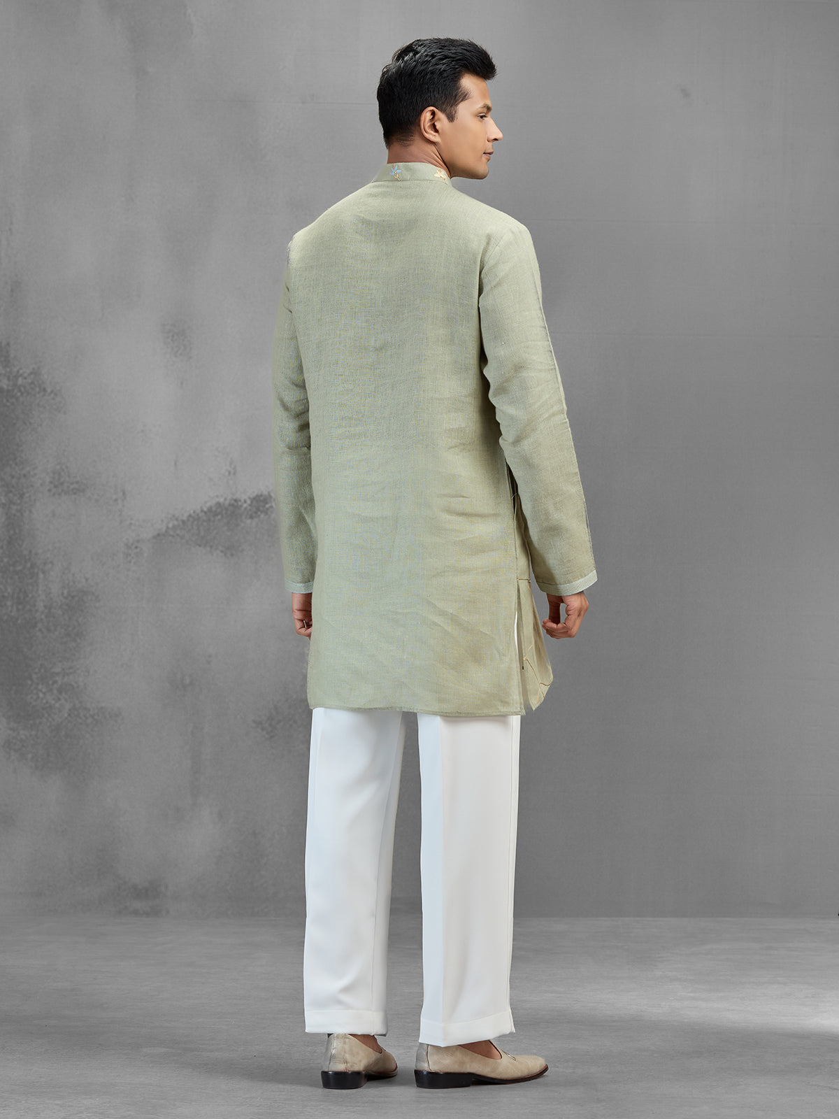 Pista green linen mirror embellished festive kurta pajama