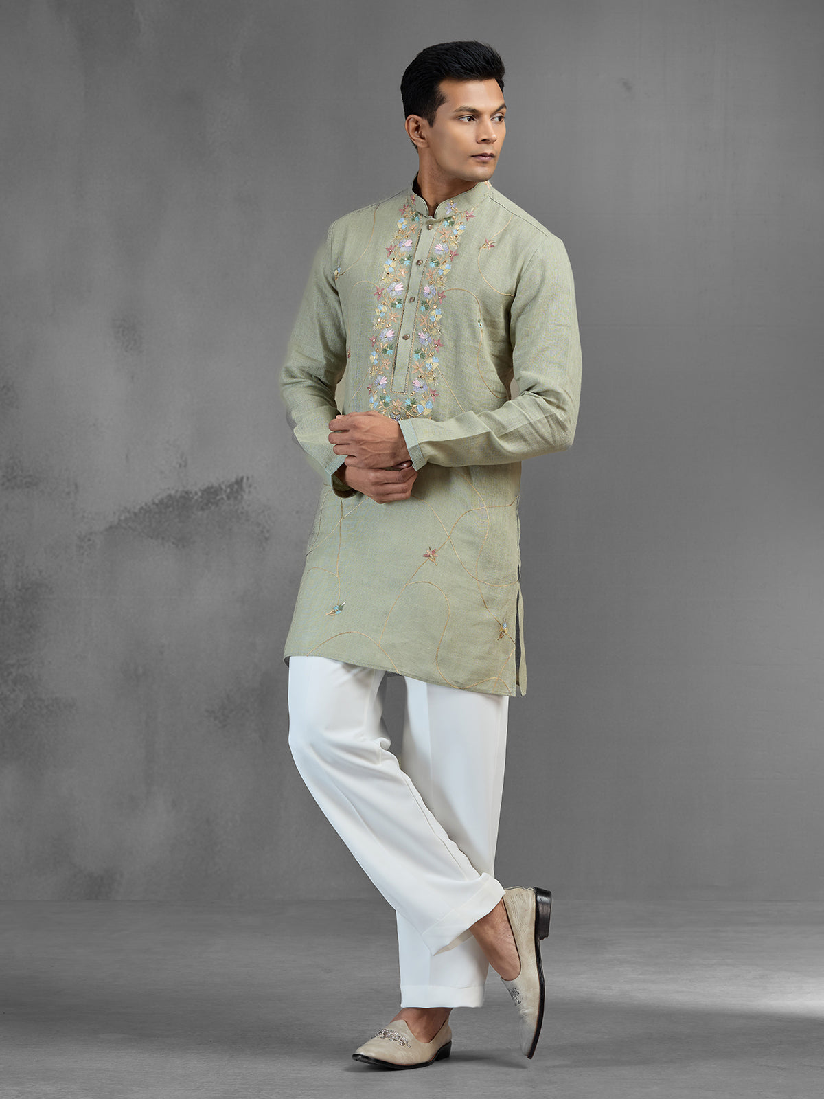 Pista green linen mirror embellished festive kurta pajama