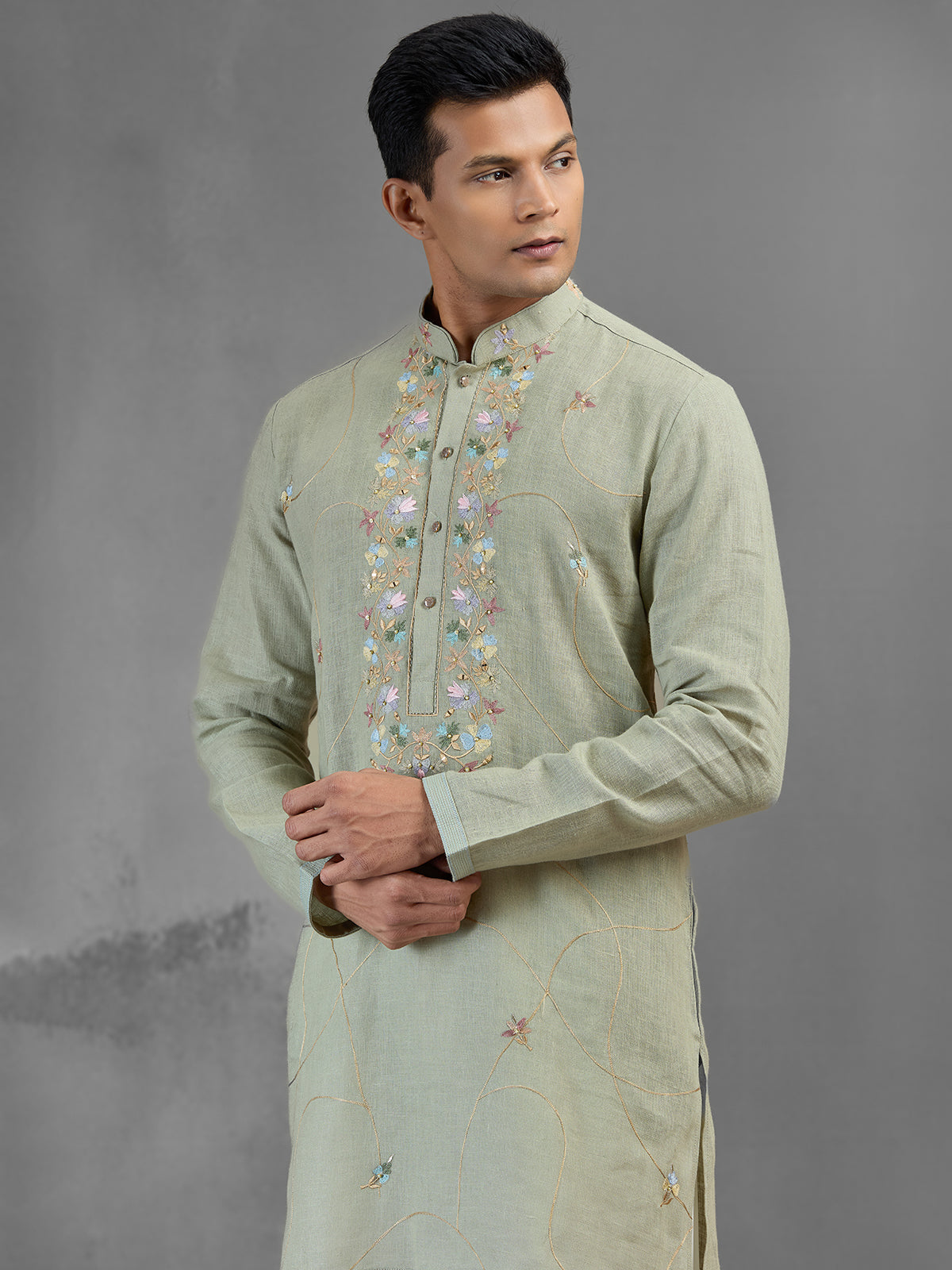 Pista green linen mirror embellished festive kurta pajama