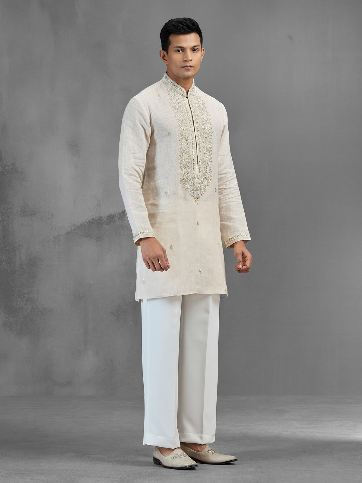 Cream linen subtle zari motif wedding kurta suit