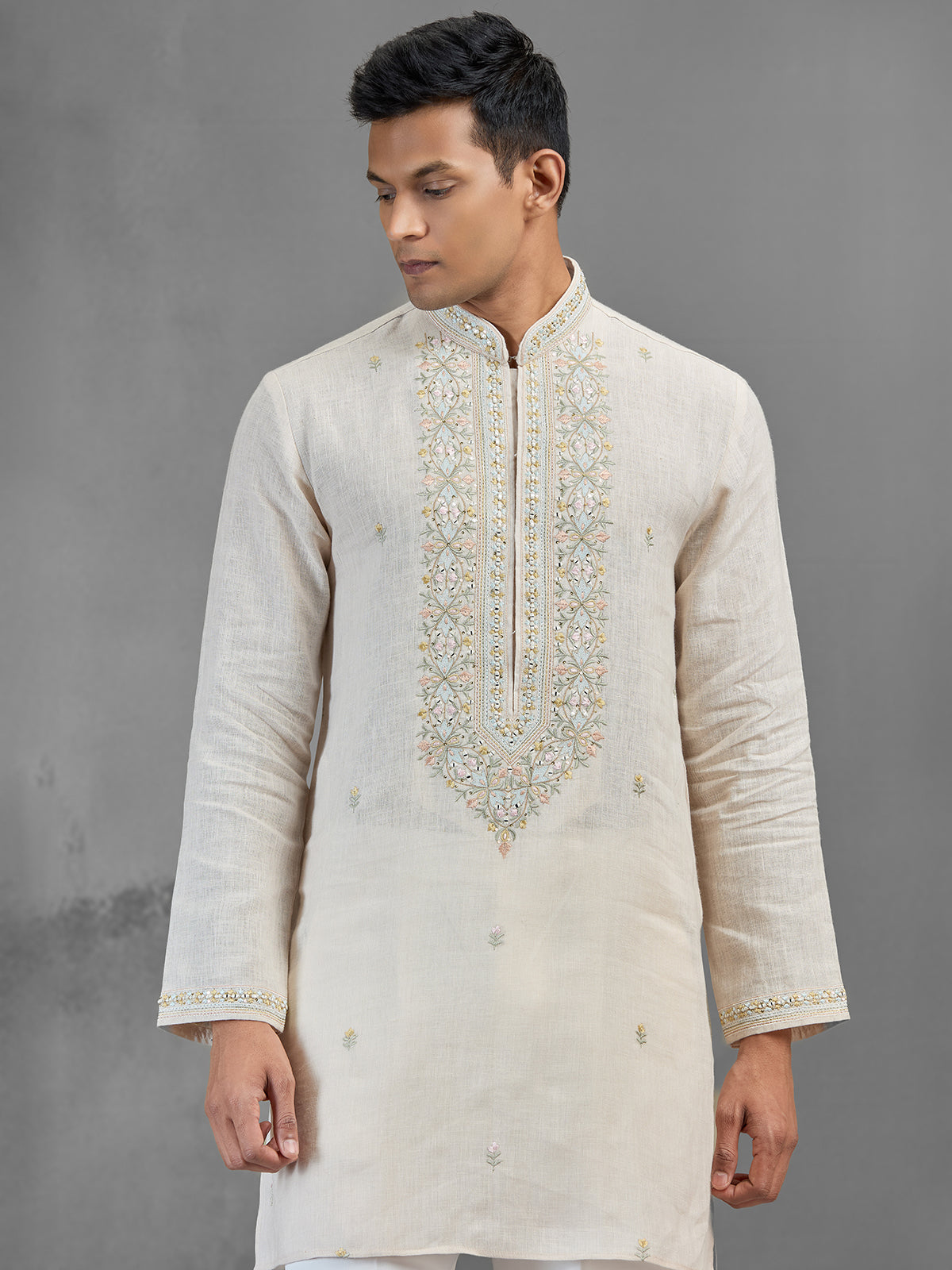 Cream linen subtle zari motif wedding kurta suit