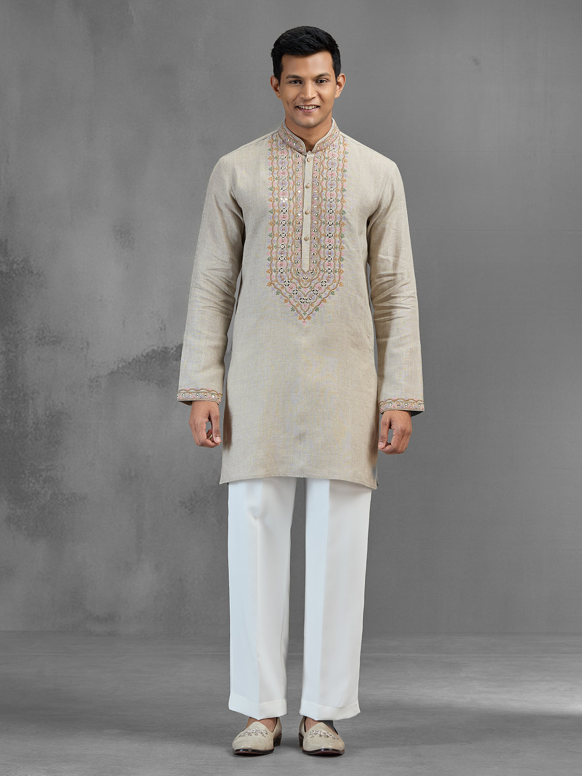 Beige linen geometric threadwork festive kurta pajama