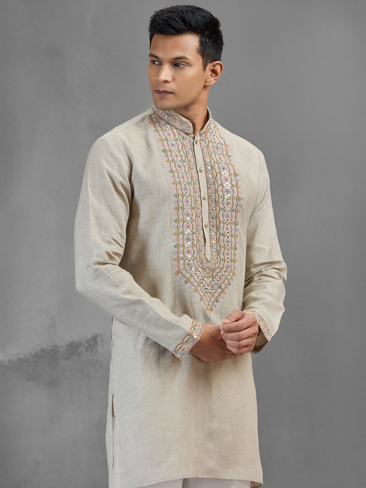 Beige linen geometric threadwork festive kurta pajama