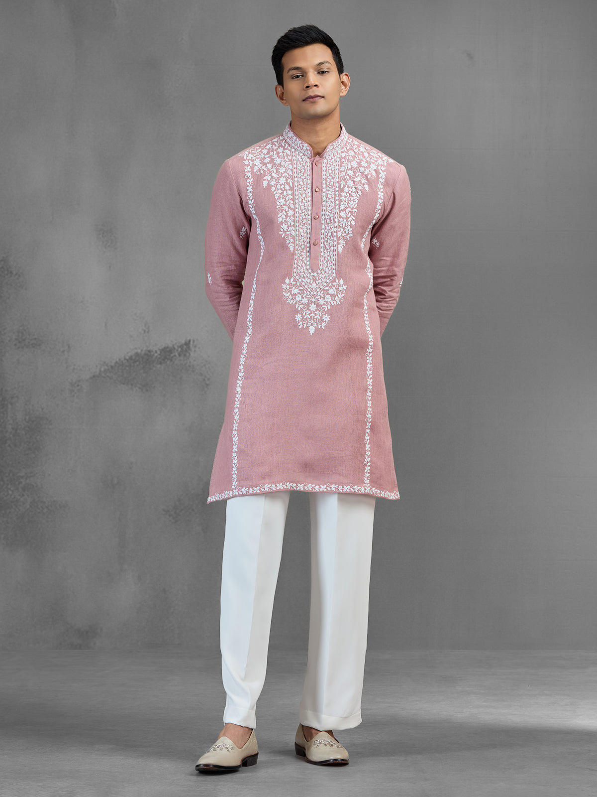 Pink linen aari sequin highlight celebration kurta suit