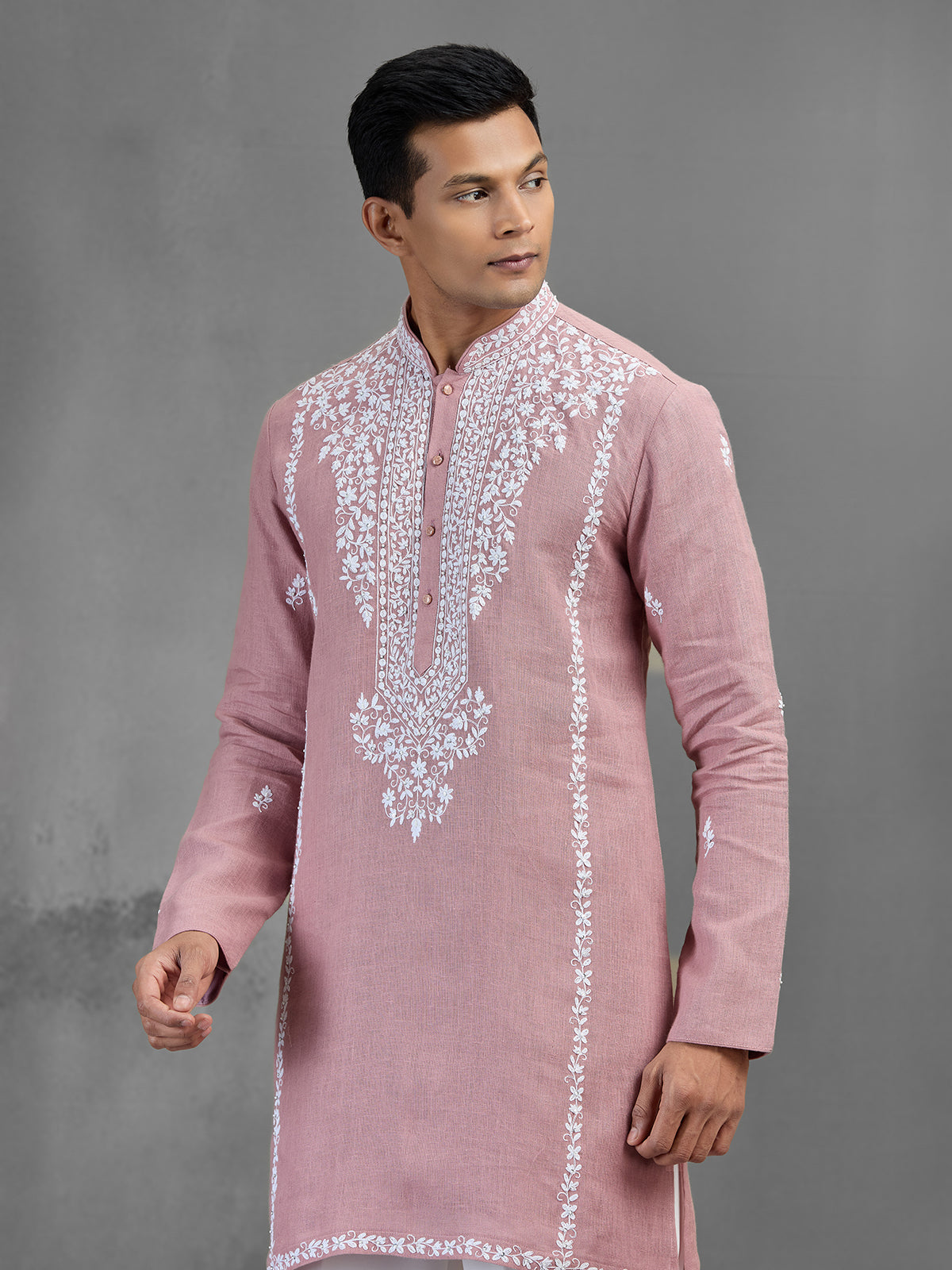 Pink linen aari sequin highlight celebration kurta suit